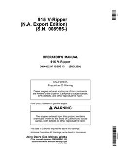 John Deere 915 V-Ripper Ripper Operator manual OMN403247 — actual manual cover
