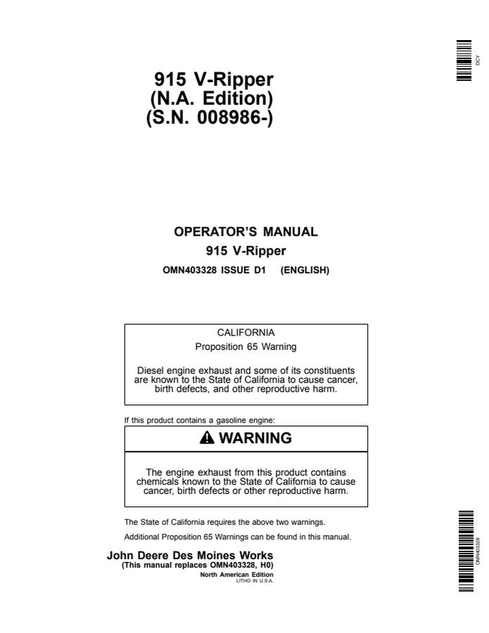 John Deere 915 V-Ripper Ripper Operator manual OMN403328 — actual manual cover