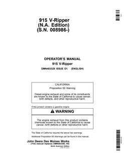 John Deere 915 V-Ripper Ripper Operator manual OMN403328 — actual manual cover