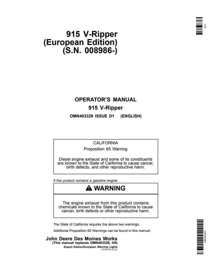 John Deere 915 V-Ripper Ripper Operator manual OMN403329 — actual manual cover