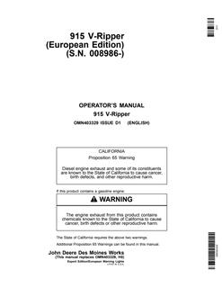 John Deere 915 V-Ripper Ripper Operator manual OMN403329 — actual manual cover