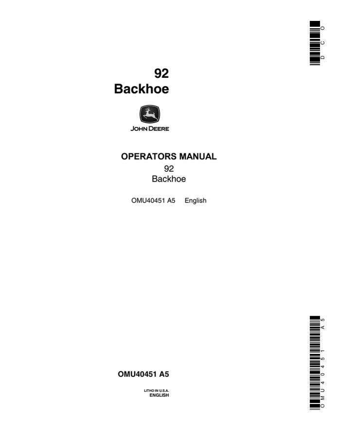 John Deere 92 Backhoe Operator manual OMU40451 — actual manual cover
