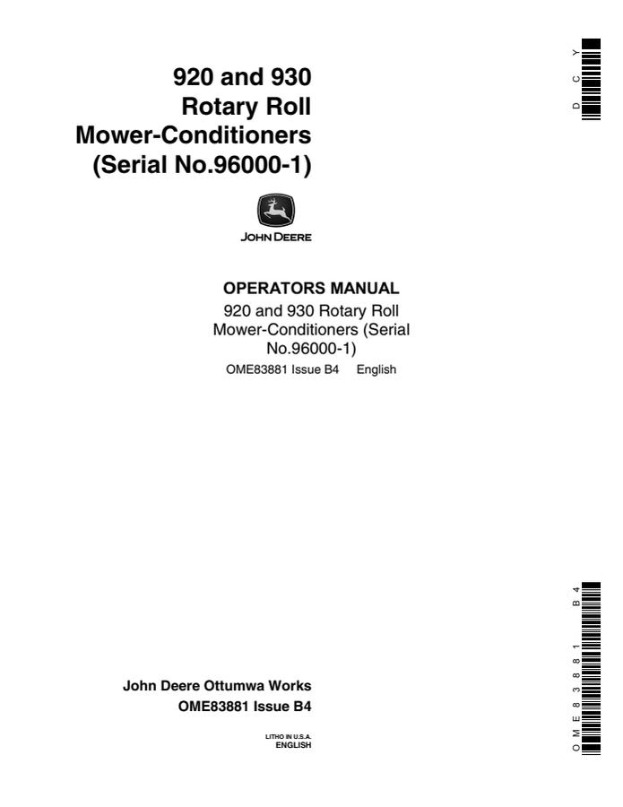 John Deere 920 and 930 Rotary Roll Mower-conditioner Operator manual OME83881 — actual manual cover