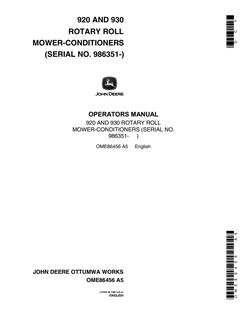 John Deere 920 and 930 Rotary Roll Mower-conditioner Operator manual OME86456 — actual manual cover