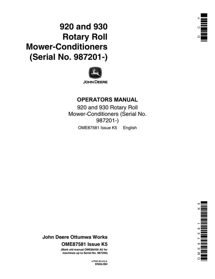 John Deere 920 and 930 Rotary Roll Mower-conditioner Operator manual OME87581 — actual manual cover
