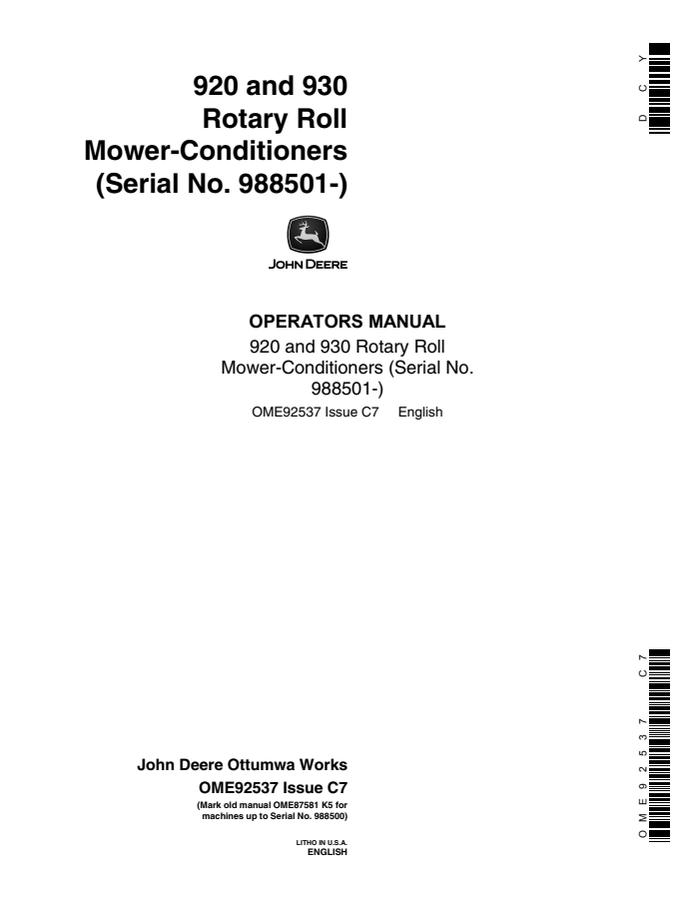 John Deere 920 and 930 Rotary Roll Mower-conditioner Operator manual OME92537 — actual manual cover