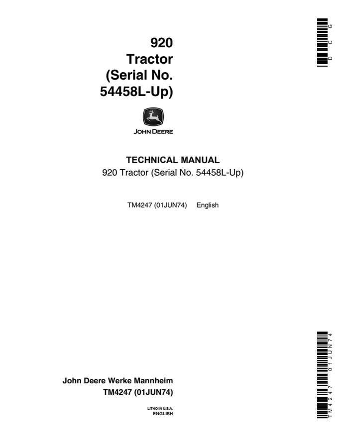John Deere 920 Tractor Technical Manual TM4247 — actual manual cover