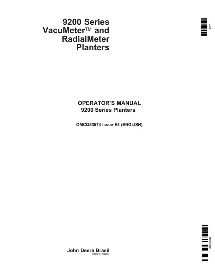John Deere 9200 Series Planter Operator manual OMCQ53574 — actual manual cover