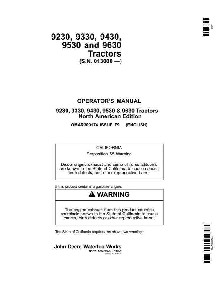John Deere 9230, 9330, 9430, 9530 and 9630 Tractor Operator manual OMAR309174 — actual manual cover