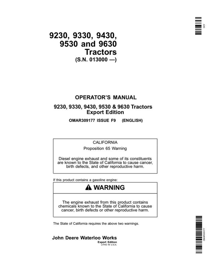 John Deere 9230, 9330, 9430, 9530 and 9630 Tractor Operator manual OMAR309177 — actual manual cover