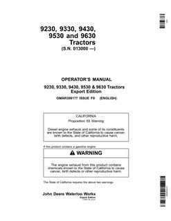 John Deere 9230, 9330, 9430, 9530 and 9630 Tractor Operator manual OMAR309177 — actual manual cover