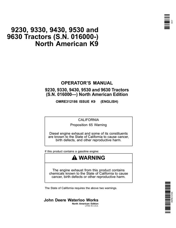 John Deere 9230, 9330, 9430, 9530 and 9630 Tractor Operator manual OMRE312186 — actual manual cover