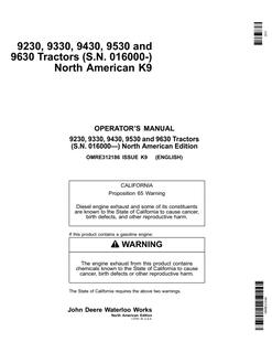 John Deere 9230, 9330, 9430, 9530 and 9630 Tractor Operator manual OMRE312186 — actual manual cover
