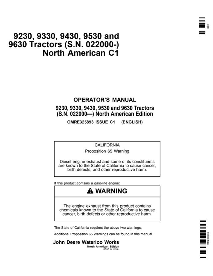 John Deere 9230, 9330, 9430, 9530 and 9630 Tractor Operator manual OMRE325893 — actual manual cover