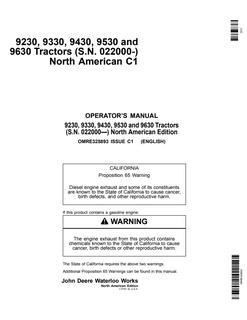 John Deere 9230, 9330, 9430, 9530 and 9630 Tractor Operator manual OMRE325893 — actual manual cover