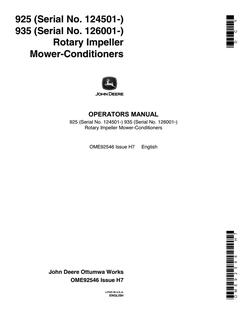 John Deere 925 and 935 Rotary Impeller Mower-conditioner Operator manual OME92546 — actual manual cover