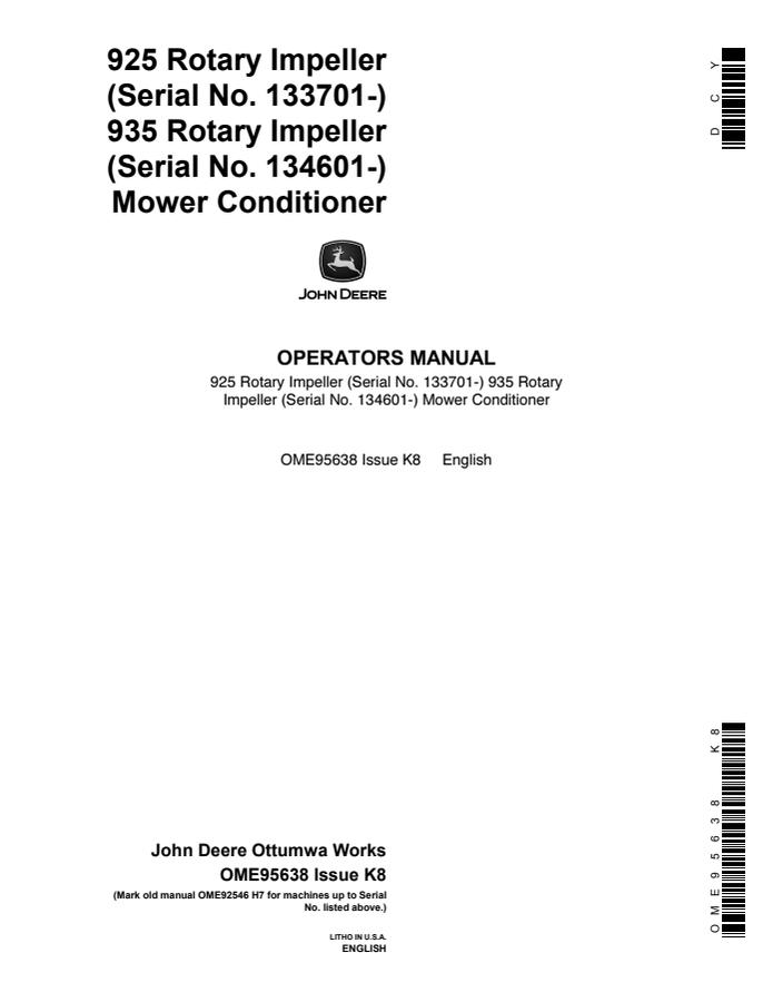 John Deere 925 and 935 Rotary Impeller Mower-conditioner Operator manual OME95638 — actual manual cover
