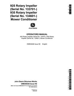 John Deere 925 and 935 Rotary Impeller Mower-conditioner Operator manual OME95638 — actual manual cover