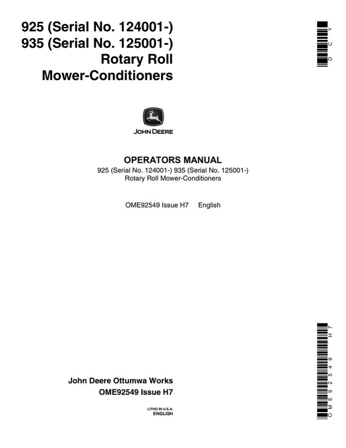 John Deere 925 and 935 Rotary Roll Mower-conditioner Operator manual OME92549 — actual manual cover