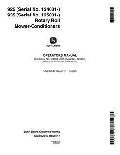 John Deere 925 and 935 Rotary Roll Mower-conditioner Operator manual OME92549 — actual manual cover