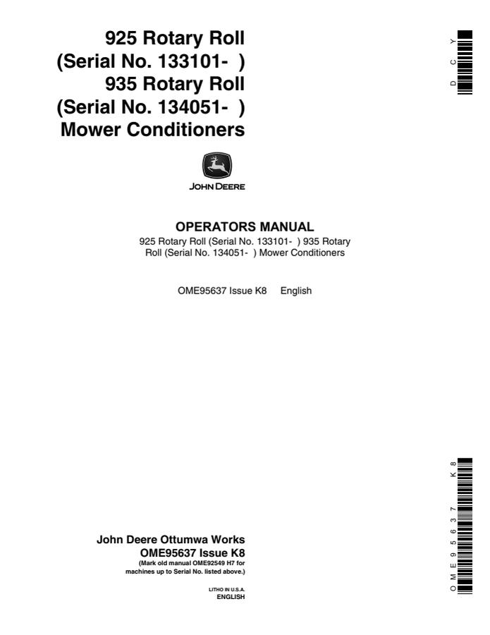 John Deere 925 and 935 Rotary Roll Mower-conditioner Operator manual OME95637 — actual manual cover