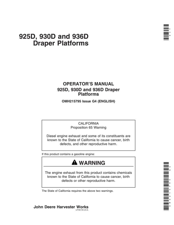 John Deere 925D, 930D, 936D Draper platform Operator manual OMH215795 — actual manual cover