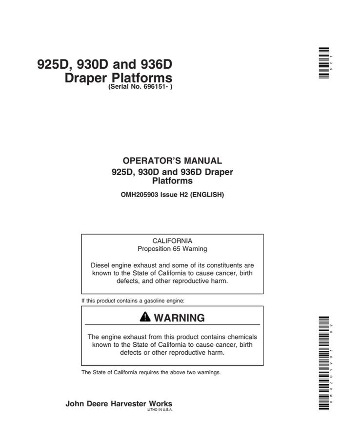 John Deere 925D, 930D, 936D Draper platform Operator's manual OMH205903 — actual manual cover