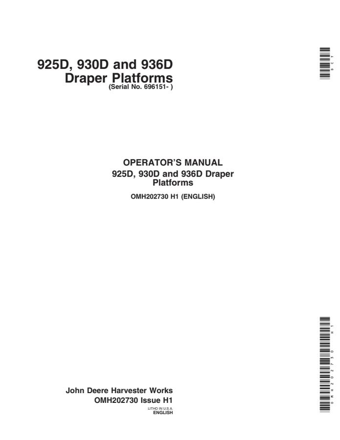 John Deere 925D, 930D and 936D Draper platform Operator manual OMH202730 — actual manual cover