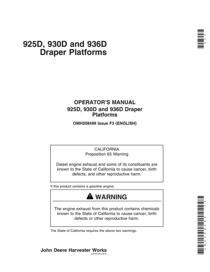 John Deere 925D, 930D and 936D Draper platform Operator manual OMH208499 — actual manual cover