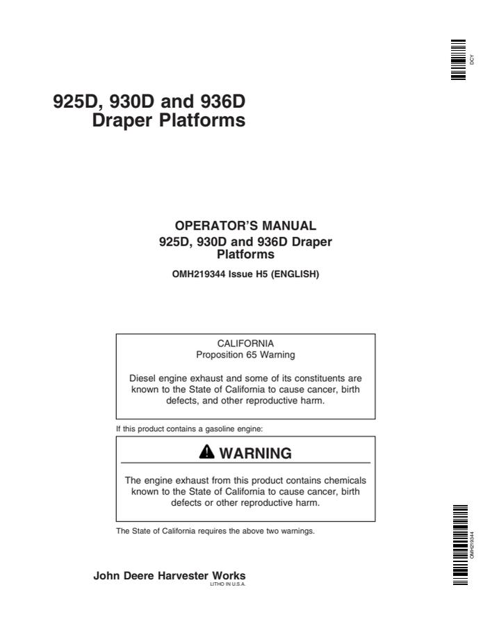 John Deere 925D, 930D and 936D Draper platform Operator manual OMH219344 — actual manual cover