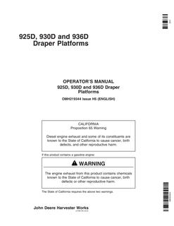 John Deere 925D, 930D and 936D Draper platform Operator manual OMH219344 — actual manual cover