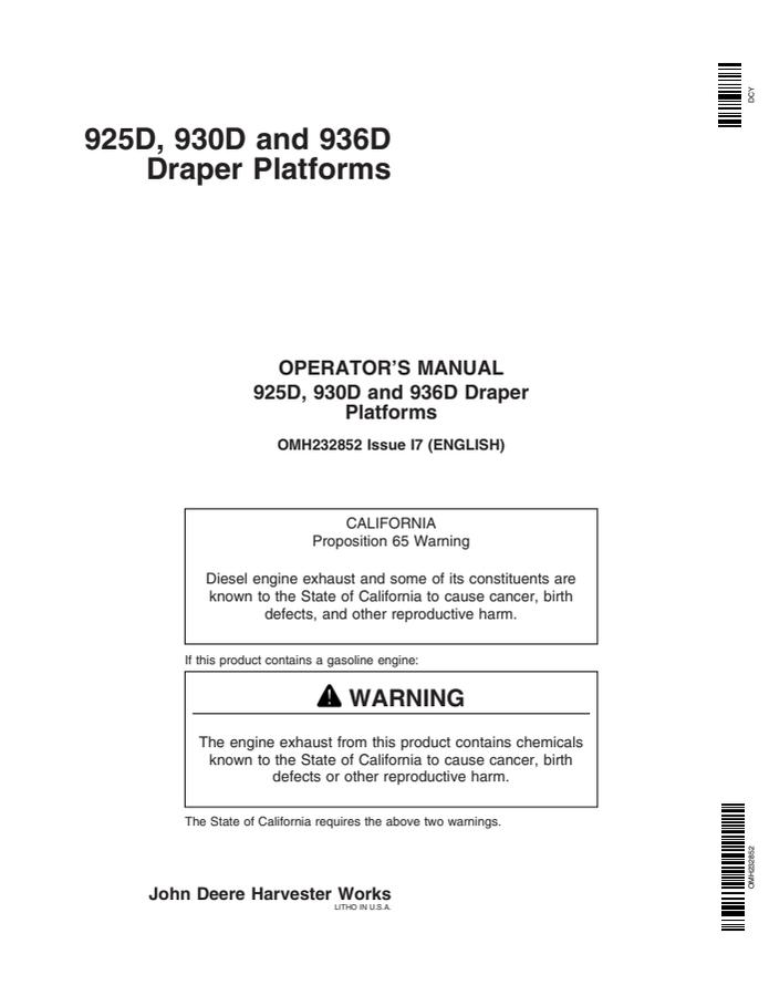 John Deere 925D, 930D and 936D Draper platform Operator manual OMH232852 — actual manual cover