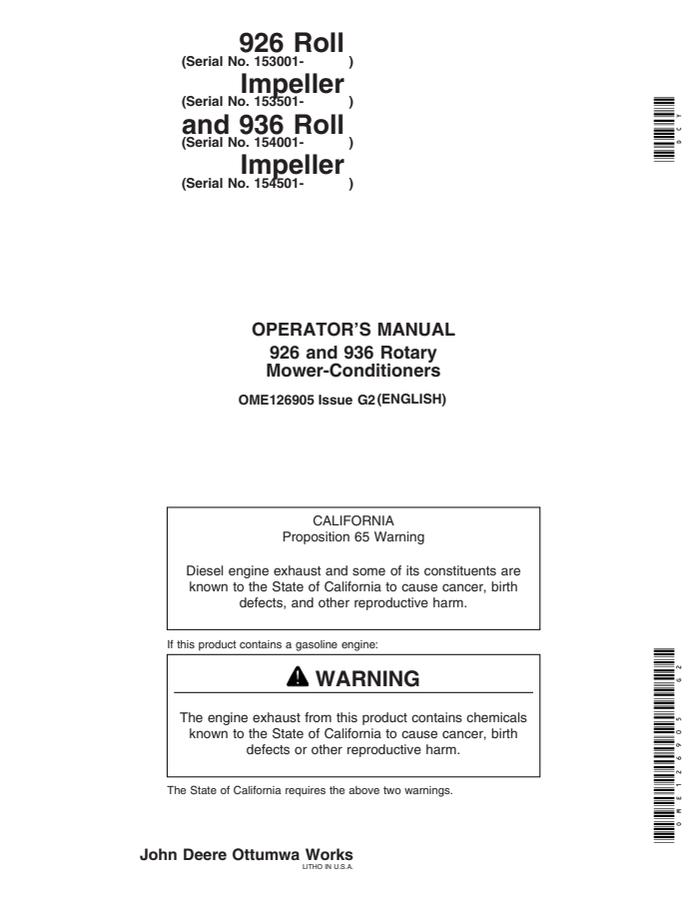John Deere 926 and 936 Mower-conditioner Operator Manual OME126905 — actual manual cover