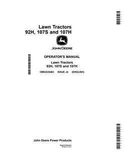 John Deere 92H, 107S and 107H Lawn tractor Operator manual OMGX25463 — actual manual cover