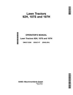 John Deere 92H, 107S and 107H Lawn tractor Operator manual OMUC12256 — actual manual cover