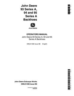 John Deere 93 Series A, 94 and 95 Series A Backhoes Backhoe Operator manual OMU41396 — actual manual cover