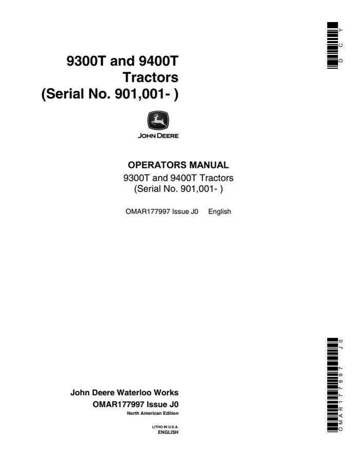 John Deere 9300T, 9400T Tractor Operator's manual OMAR177997 — actual manual cover