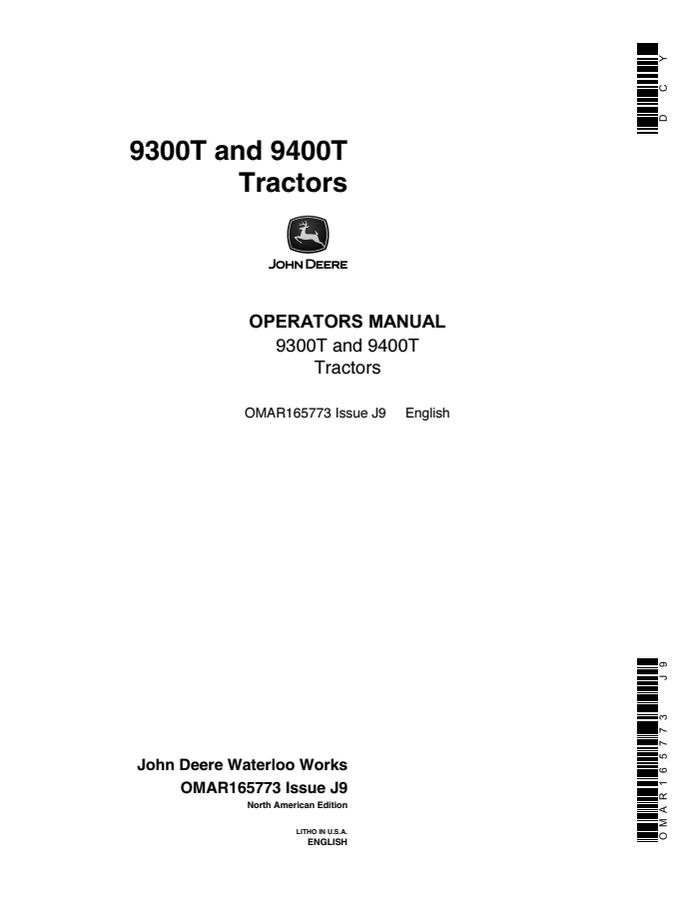 John Deere 9300T and 9400T Tractors Tractor Operator manual OMAR165773 — actual manual cover