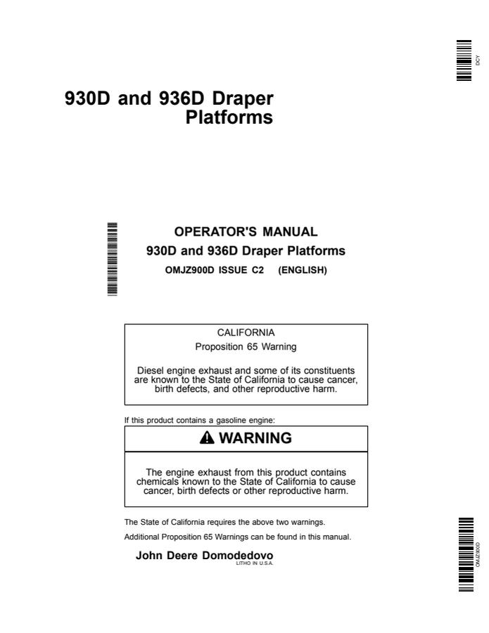 John Deere 930D and 936D Draper Platforms Draper platform Operator manual OMJZ900D — actual manual cover