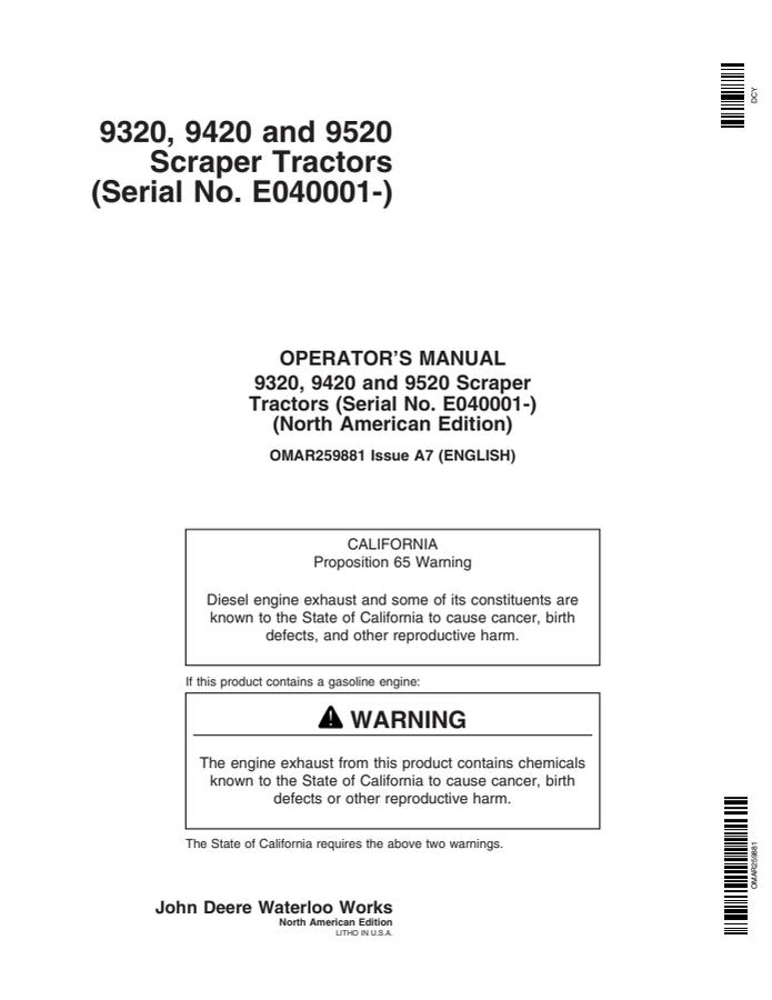 John Deere 9320, 9420 and 9520 Scraper Tractors Tractor Operator manual OMAR259881 — actual manual cover
