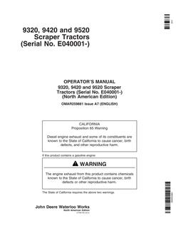 John Deere 9320, 9420 and 9520 Scraper Tractors Tractor Operator manual OMAR259881 — actual manual cover