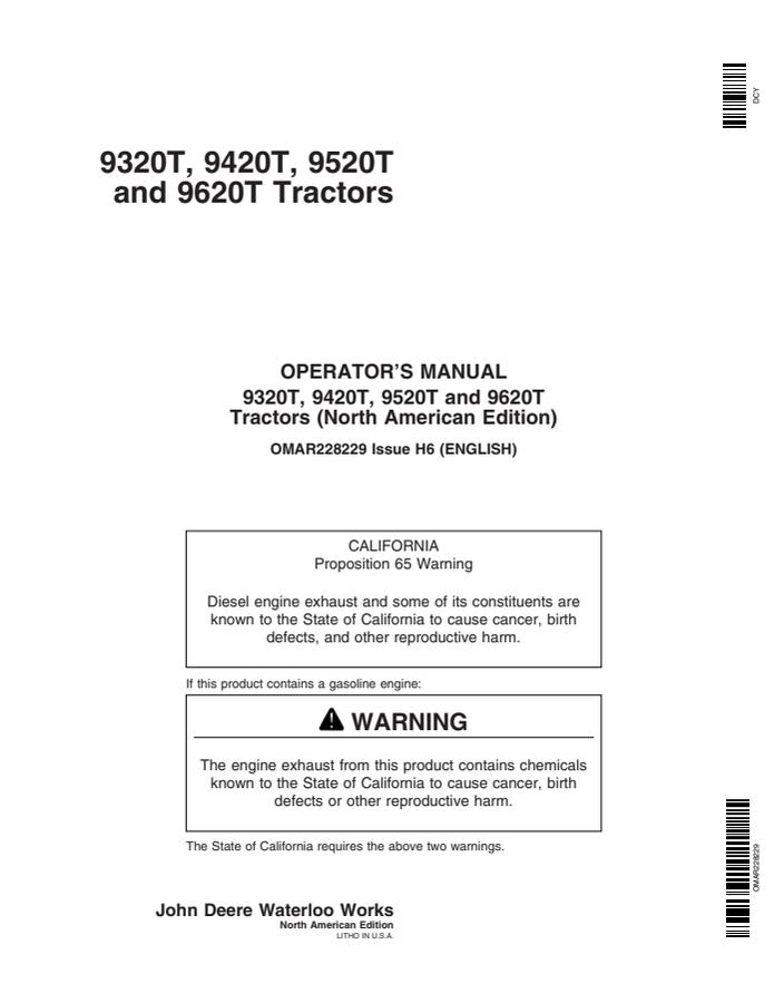 John Deere 9320T, 9420T, 9520T, 9620T Agricultural tractor Operator's manual OMAR228229 — actual manual cover