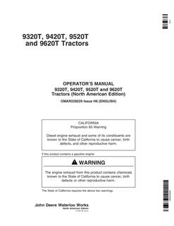 John Deere 9320T, 9420T, 9520T, 9620T Agricultural tractor Operator's manual OMAR228229 — actual manual cover