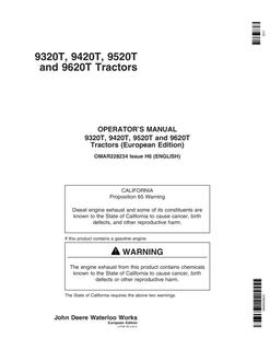 John Deere 9320T, 9420T, 9520T and 9620T Tractors Tractor Operator manual OMAR228234 — actual manual cover