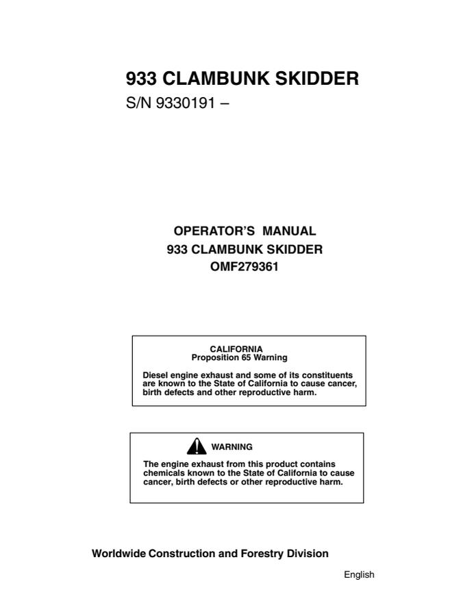 John Deere 933 Clambunk Skidder Clambunk skidder Operator manual OMF279361 — actual manual cover