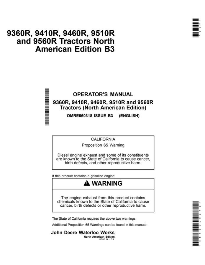John Deere 9360R, 9410R, 9460R, 9510R and 9560R Tractors Tractor Operator manual OMRE560318 — actual manual cover