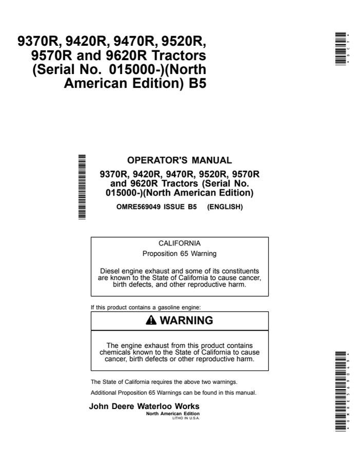 John Deere 9370R, 9420R, 9470R, 9520R, 9570R and 9620R Tractors Tractor Operator manual OMRE569049 — actual manual cover