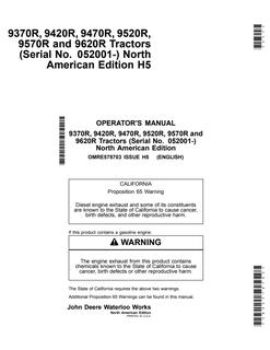 John Deere 9370R, 9420R, 9470R, 9520R, 9570R and 9620R Tractors Tractor Operator manual OMRE578703 — actual manual cover