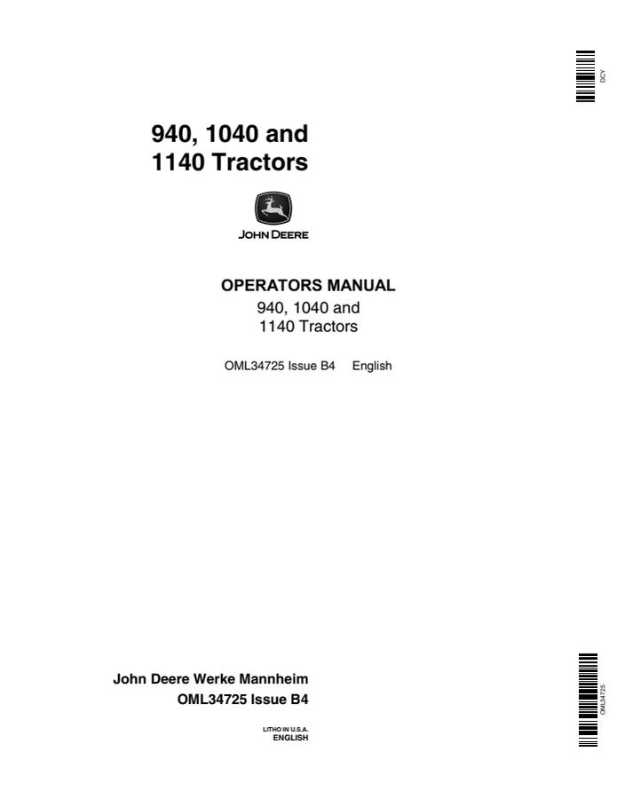 John Deere 940, 1040, 1140 Tractor Operator's manual OML34725 — actual manual cover
