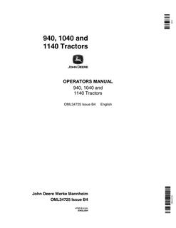 John Deere 940, 1040, 1140 Tractor Operator's manual OML34725 — actual manual cover
